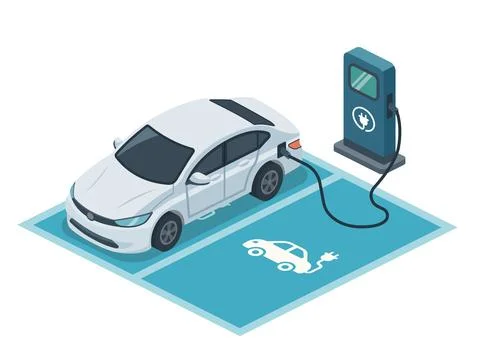 Isometric EV car charging with electric cars icon on the parking floor. Stock Illustration