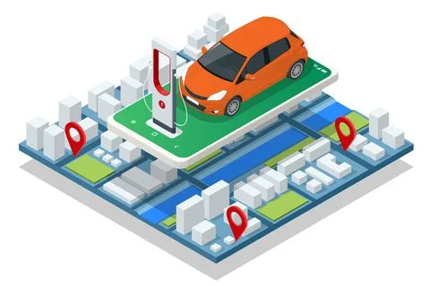 Isometric EV charger station application on mobile. Car charger. Electromobile Illustrazione stock