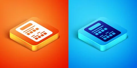 Isometric Exam sheet icon isolated on orange and blue background. Test pape.. Stock Illustration