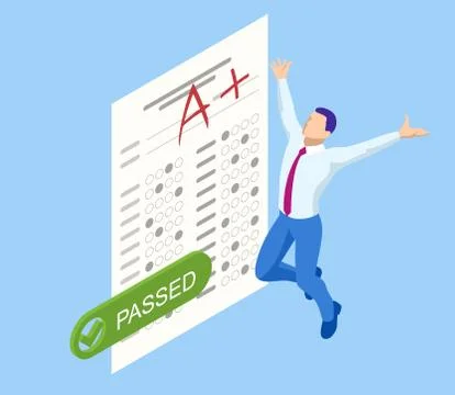 Isometric Exam sheet with A plus grade, flat design. The joy of a good exam Stock Illustration