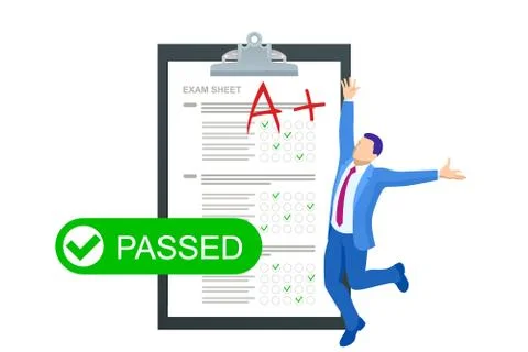 Isometric Exam sheet with A plus grade, flat design. The joy of a good exam 스톡 일러스트