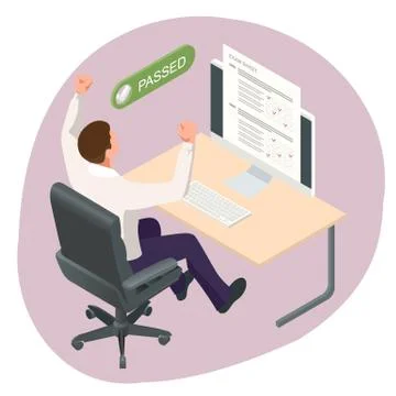 Isometric Exam sheet with A plus grade, flat design. The joy of a good exam Stock Illustration