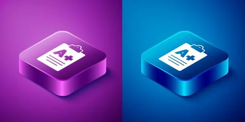 Isometric Exam sheet with A plus grade icon isolated on blue and purple Stock Illustration