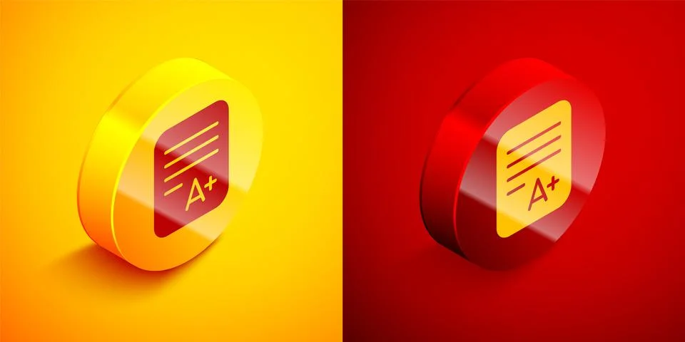 Isometric Exam sheet with A plus grade icon isolated on orange and red Stock Illustration