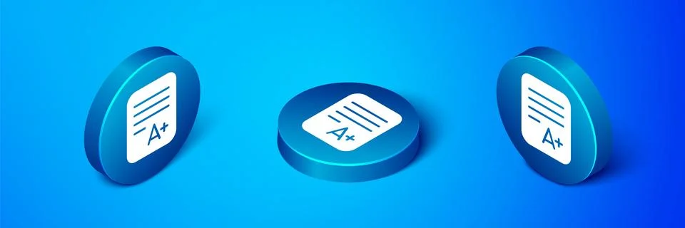 Isometric Exam sheet with A plus grade icon isolated on blue background. Test Stock Illustration