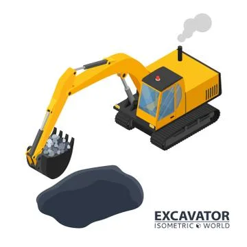 Isometric excavator isolated on white background. 3d icon construction digger Stock Illustration