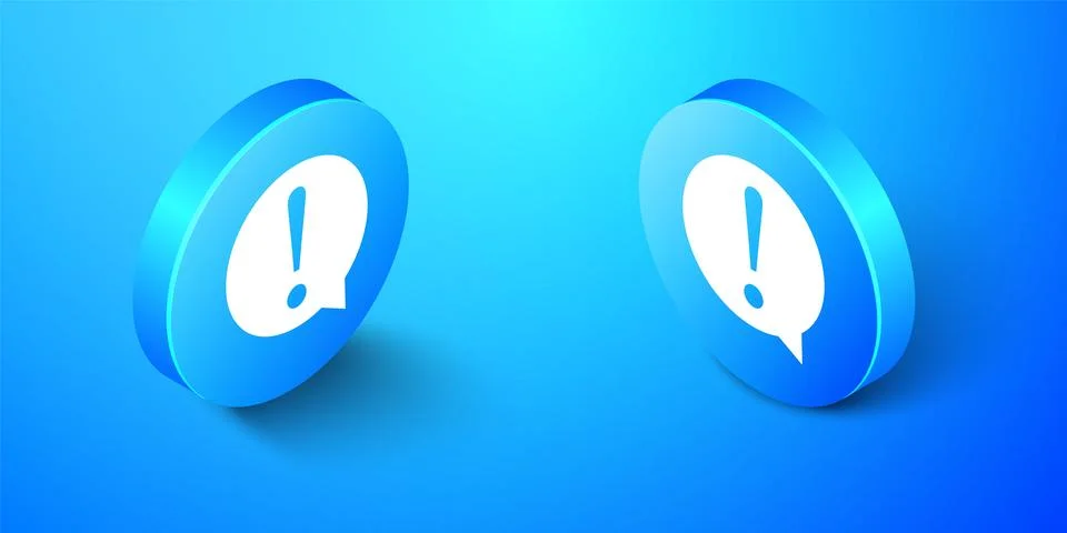 Isometric Exclamation mark in circle icon isolated on blue background. Hazard 스톡 일러스트