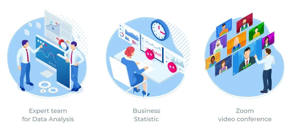 Isometric Expert team for Data Analysis, Business Statistic, Zoom video Illustrazione stock