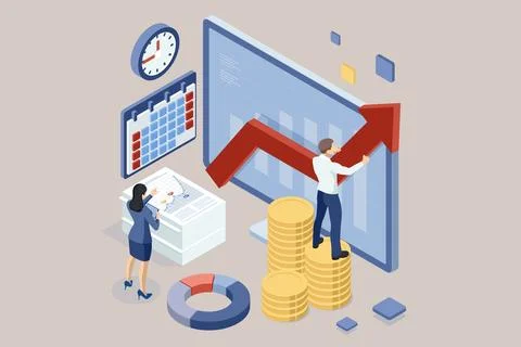 Isometric Expert team for Data Analysis, Business Statistic, presentation and Illustrazione stock