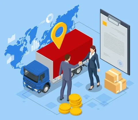 Isometric Export and Import Business. Businessmen handshake at industrial Stock Illustration