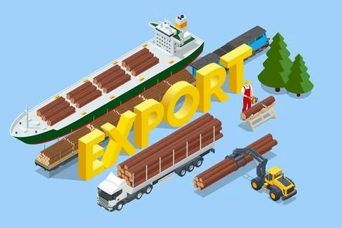Isometric Exporting Wood. Global logistics network. Rail freight wood, cargo Stock Illustration