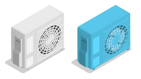 Isometric External air conditioner unit with fan. Room cooling and heating. M Stock Illustration