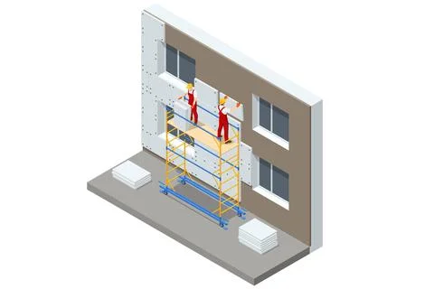 Isometric External Wall Insulation System, Building Facade Insulation Works Ilustración de archivo