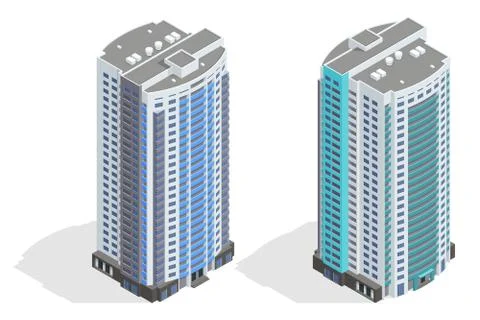 Isometric facade of a multi-storey buildin. Buildings and modern city houses Stock Illustration
