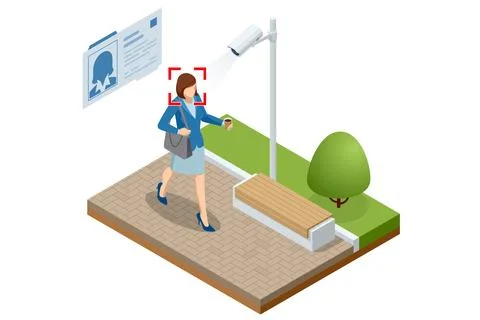 Isometric Face Recognition and Personal Identification Technologies in Street Stock Illustration