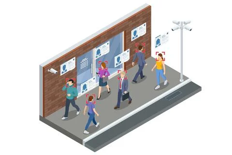 Isometric Face Recognition and Personal Identification Technologies in Street Stock Illustration