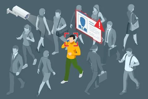 Isometric Face Recognition and Personal Identification Technologies in Street イラスト素材