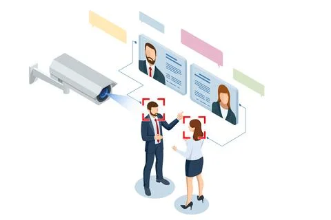 Isometric Face Recognition and Personal Identification Technologies in Street イラスト素材