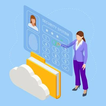 Isometric facial recognition system concept. Finger print scan for enter Stock Illustration