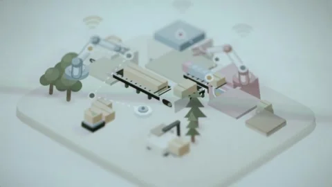 Isometric factory layout with connected machinery 库存影片 345482755