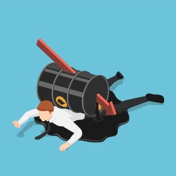 Isometric falling red arrow piercing through oil barrel over businessman Stock Illustration