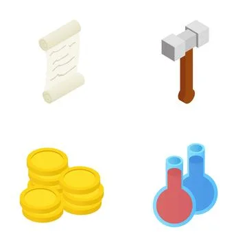 Isometric fantasy game items set including scroll hammer coins potions Illustrazione stock
