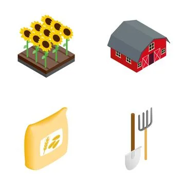 Isometric farm elements including sunflower field, barn, and tools Stock Illustration