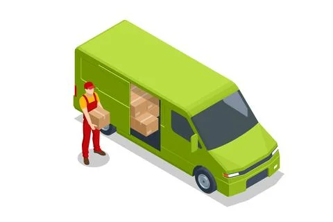Isometric Fast delivery concept. Loading and unloading from warehouse. Warehouse Stock Illustration