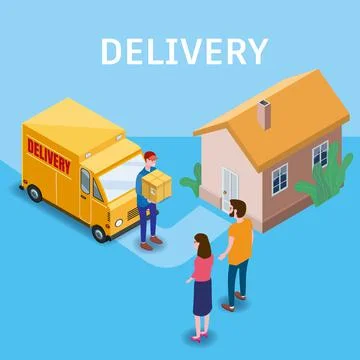 Isometric Fast Express and Delivery. Courier shipping to couple woman and man a Stockillustratie