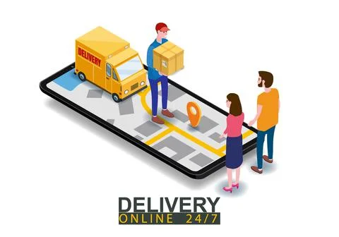 Isometric Fast Express and Delivery. Courier shipping to couple woman and man a Stockillustratie