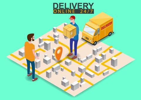 Isometric Fast Express and Delivery. Courier shipping to man a cardboard box Illustrazione stock