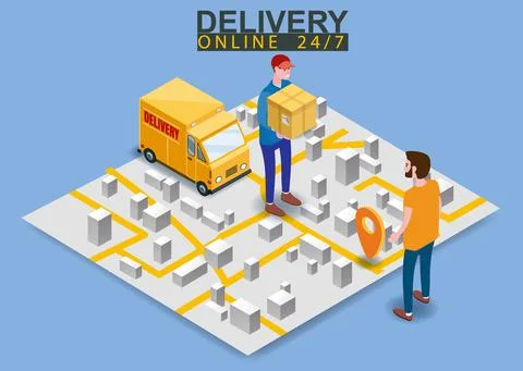 Isometric Fast Express and Delivery. Courier shipping to man a cardboard box Stockillustratie