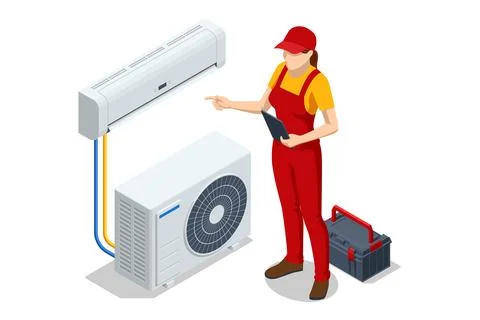 Isometric female technician inspecting split air conditioner system with tablet Stock Illustration