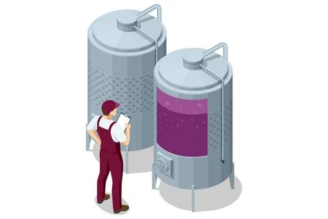 Isometric fermentation tank scene with winery worker and stainless steel vat Stock Illustration