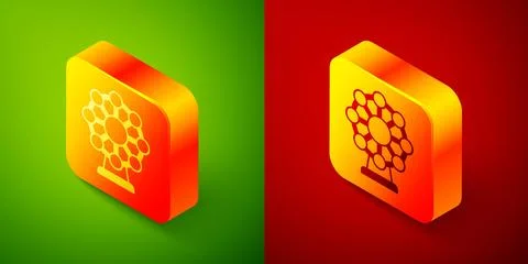 Isometric Ferris wheel icon isolated on green and red background. Amusement.. 스톡 일러스트