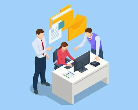 Isometric file in database concept. Businessman working reading documents graph Stock Illustration