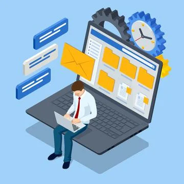 Isometric file in database concept. Businessman working reading documents graph Stock Illustration