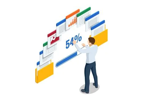 Isometric file in database, document flow management concept. Cloud data storage Stock Illustration