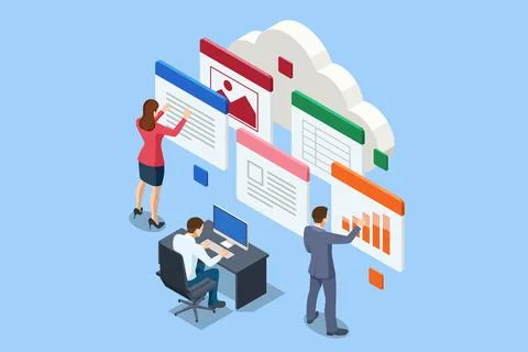 Isometric file in database, document flow management concept. Cloud data storage Stock Illustration