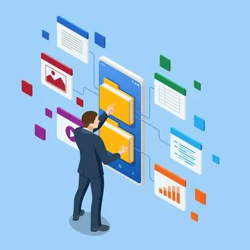 Isometric file in database, document flow management concept. Cloud data storage Stock Illustration
