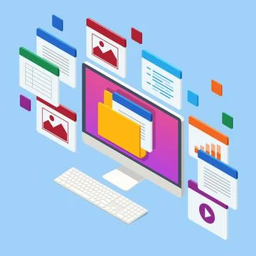Isometric file in database, document flow management concept. Cloud data storage Stock Illustration