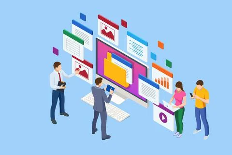 Isometric file in database, document flow management. Online documentation Illustrazione stock