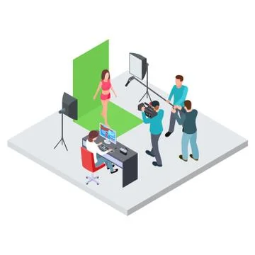 Isometric filming or blogging vector concept. Female model on chromakey Stock Illustration