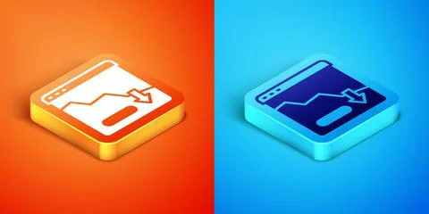 Isometric Financial growth decrease icon isolated on orange and blue background Stock Illustration