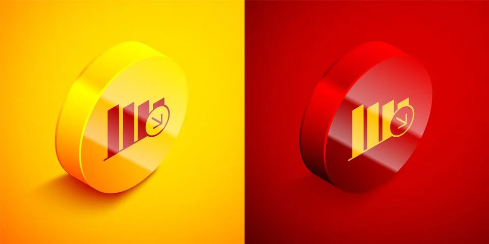 Isometric Financial growth decrease icon isolated on orange and red background Stock Illustration
