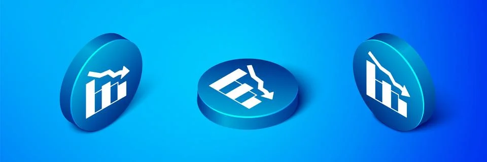 Isometric Financial growth decrease icon isolated on blue background. Increasing Stock Illustration