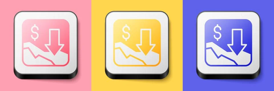 Isometric Financial growth decrease icon isolated on pink, yellow and blue ba Stock Illustration