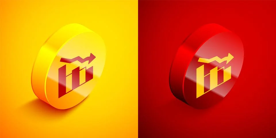 Isometric Financial growth decrease icon isolated on orange and red backgro.. Stock Illustration