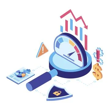 Isometric Financial Risk Analysis with Magnifying Glass and Declining Chart Stock Illustration