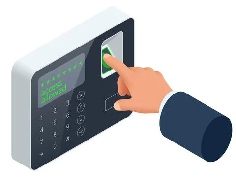 Isometric Finger print scan for enter security system, Biometric access control Illustrazione stock
